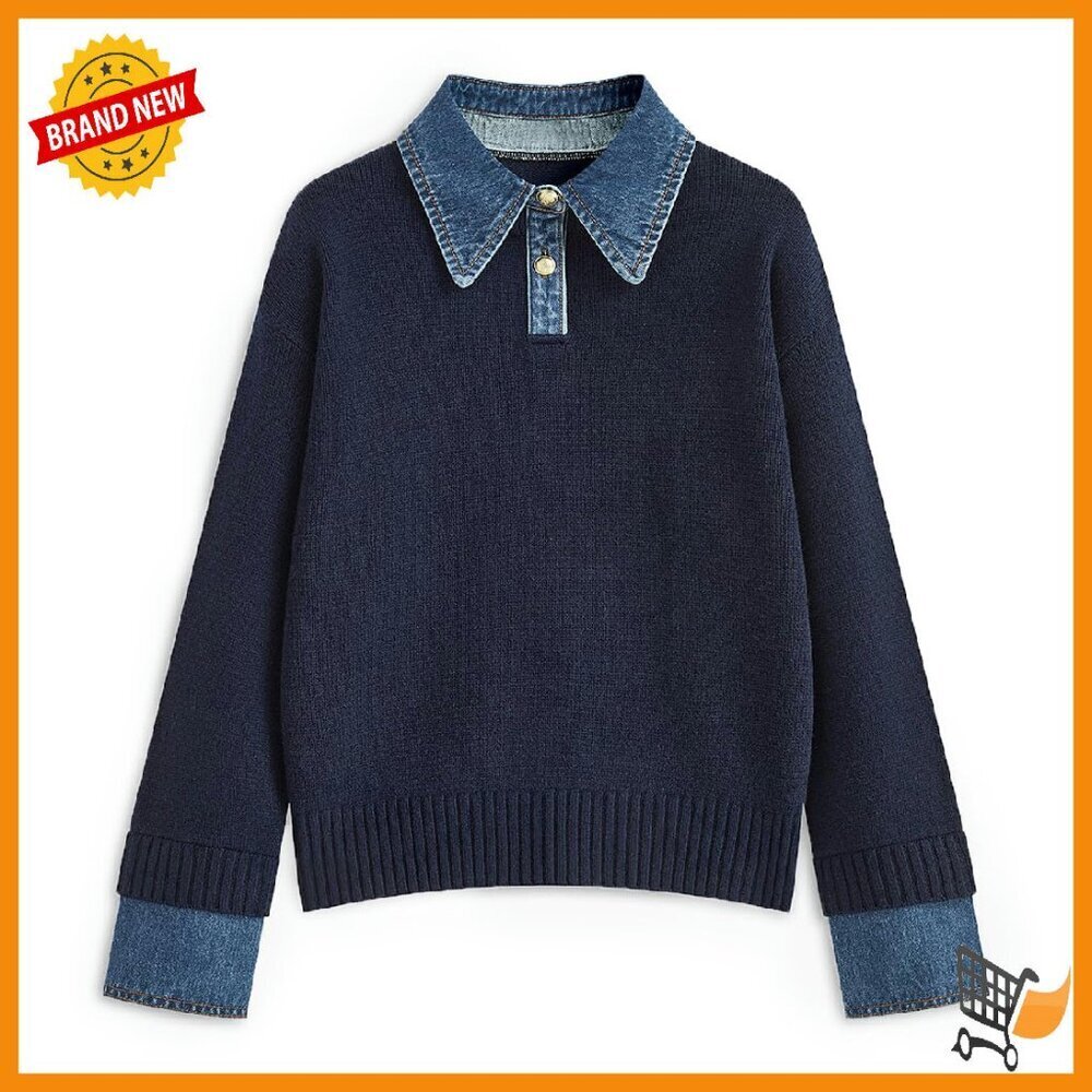 Oversized Denim Polo Sweater Long Sleeve Pullover Tunic Fall Winter